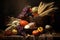 Autumn harvest with pumpkins on a wooden table. Thanksgiving. Vegetables, fruits and flowers