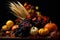 Autumn harvest with pumpkins on a wooden table. Thanksgiving. Vegetables, fruits and flowers