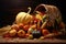 Autumn harvest with pumpkins on a wooden table. Thanksgiving. Vegetables, fruits and flowers