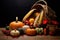 Autumn harvest with pumpkins on a wooden table. Thanksgiving. Vegetables, fruits and flowers