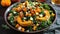 Autumn harvest salad with roasted squash, apples, and kale in ceramic bowl