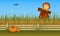 Autumn harvest. Scarecrow on field with two pumpkins. Vector banner