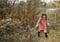 Autumn harvest of sea buckthorn. preschooler girl having fun and laughing in a brown coat near the bushes with orange berries.