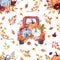 Autumn harvest seamless pattern. Watercolor red vintage truck, pumpkins, orange leaves on white background. Fall wallpapers