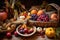 Autumn harvest still life with grapes and pumpkins