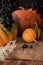 Autumn harvest still life in vilage. Close view grapes pumpkins