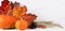 Autumn harvest and Thanksgiving. Ripe pumpkins and yellow leaves on white background. Banner format