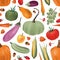 Autumn harvest vector seamless pattern. Ripe vegetables fruits and berries cartoon illustrations. Fall season