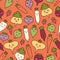 Autumn harvest vegetables. Seamless pattern. Cute orange background with kawaii veggies.