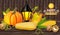 Autumn harvest on wooden background Vector. Fresh vegetables realistic 3d illustrations. Thanksgiving cards