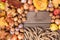 Autumn harvests arranged in a circle on old wooden boards. Top view of vegetables and fruits. Free space.