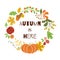 Autumn is here Floral harvest wreath Fall elements Orange pumpkin maple leaves apple acorn nature