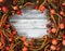 Autumn holiday decorations forming circle border on white rustic wood