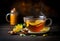 Autumn hot tea with ginger, lemon, honey and spices at dark rusty table