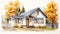 Autumn House Watercolor Illustration In Vray Tracing Style