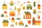 Autumn houses set. Country autumn landscape elements. Wooden houses, autumn trees, fall rainbows, village