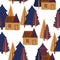 Autumn houses and trees in a seamless pattern design