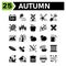 Autumn icon set include calendar autumn fall event date windmill building housekeeping broom shovel spade pine nature cone grain