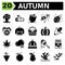 Autumn icon set include mushroom fall plant lumber piece of wood trunk chestnut nut peanut umbrella air bugs bug insect beehive