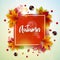 Autumn Illustration with Colorful Falling Leaves, Chestnut and Lettering on White Background. Autumnal Vector Design for