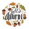 Autumn illustration. Hello autumn. Various types of acorns and oak leaves.