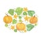 Autumn illustration of leaves and pumpkins in the oval shape for greeting cards, invitations and autumn holiday decorations,