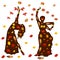 Autumn illustration of oriental dance, two girls silhouette in l