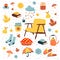 Autumn illustration, stickers with homely cute things. Vector design for card, poster, flyer, web and other use.