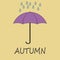 Autumn illustration with an umbrella and falling rain drops.