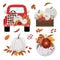 Autumn illustrations set. Red pickup truck, pastel pumpkins, flowers, leaves and foliage