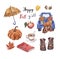 Autumn illustrations set. Watercolor hand drawn truck, pumpkins, flowers, foliage, book, umbrella, fall boots