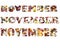 Autumn inscription text. Red and yellow leaves. September october november Isolated png