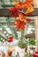 Autumn installation of leaves, artichokes and peppers in the window of the farmers ` market. Vegetables hang vertically on a