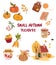 Autumn items. Autumn bundle of cute and cozy design elements. Greeting card small autumn pleasures with house, tea, pumpkin, book
