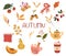 Autumn items. Autumn bundle of cute and cozy design elements. Greeting card small autumn pleasures with tea, pumpkin, leaves,