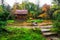 Autumn at Japanese garden. Lake in park