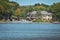 Autumn landscape in the 1000 islands. Houses, boats and islands. Lake Ontario, Canada USA