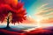 Autumn landscape background with lake, mountains, and sunset, illustration, sunshine and tree, generative ai