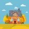 Autumn landscape background with trees, spruces, fields, fences, rural brick cartoon house with chimney in flat style.