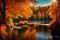 Autumn landscape beautiful colored trees over the river, glowing in sunlight. wonderful picturesque background. color in nature.