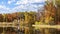 Autumn landscape of brightly-colored fall foliage reflected in a calm waters of a lake