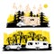 autumn landscape with camper van, motorhome. Family trip. Drawing design for logo, boho elements.