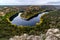 Autumn landscape, canyoned river with green, yellow trees. Hoces Duraton River