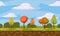 Autumn landscape, cartoon style, trees, clouds, earth, vector illustration