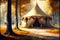 Autumn landscape circus dome large tent tourist tent in forest