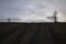 Autumn landscape in dark mood. Rural road between two bare trees