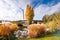 Autumn landscape of Drumul Taberei Park in Bucharest city capital of Romania with cloudy sky and great fall colors