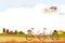 Autumn landscape farm field, barn, and trees with copy space, Vector cute Hello Autumn with bicycle in orange and yellow foliage,