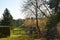 Autumn landscape with fir trees and yellowed leaves. Wooden fence that surrounds meadows where animals graze