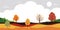 Autumn landscape forest trees in countryside, Vector cartoon of mid autumn field with leaves falling from trees in orange foliage.